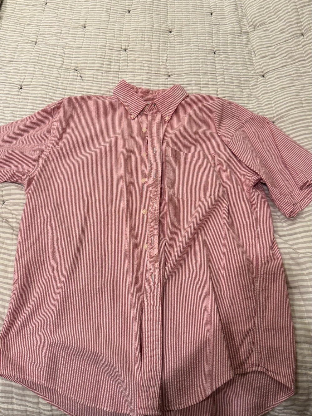 Men’s Short Sleeve Shirt - L.L. Bean Button Down - Pink and White Stripe